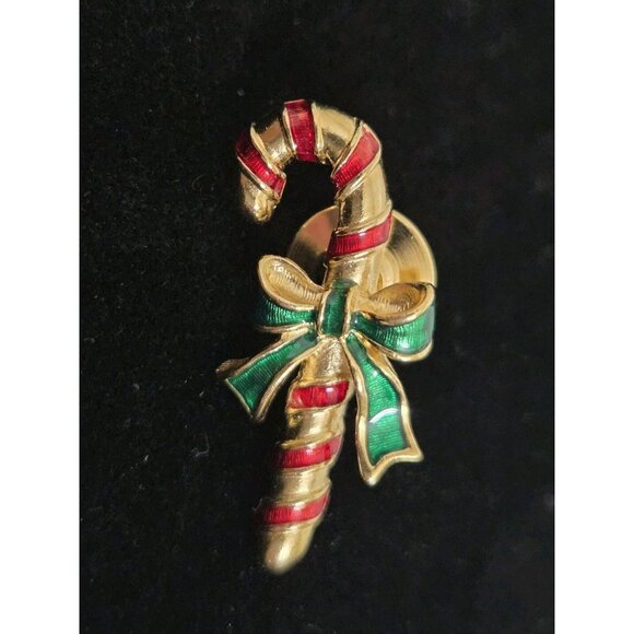 Vintage Avon Christmas Candy Cane Brooch Pin Gold Tone Enamel Bow - Picture 1 of 6